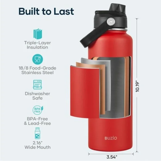 Buzio Duet Series Water Bottle with 2 Lids and Sleeve 1.2L - Red